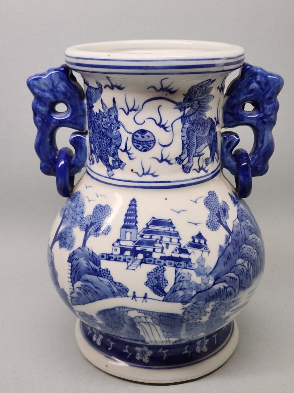 Chinese Blue and White Two Handled Vase / Hand Painted / 9 Inches Tall